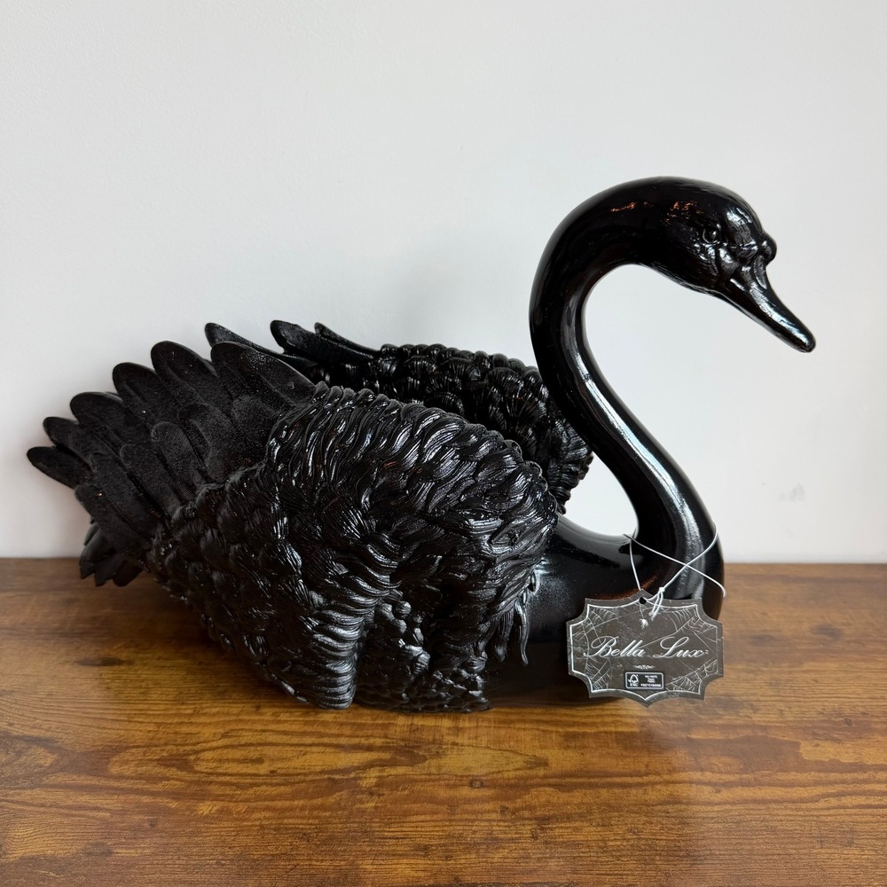 New Bella Lux Large Black Swan Figurine Decor Bird Halloween Dark Gothic Sparkle